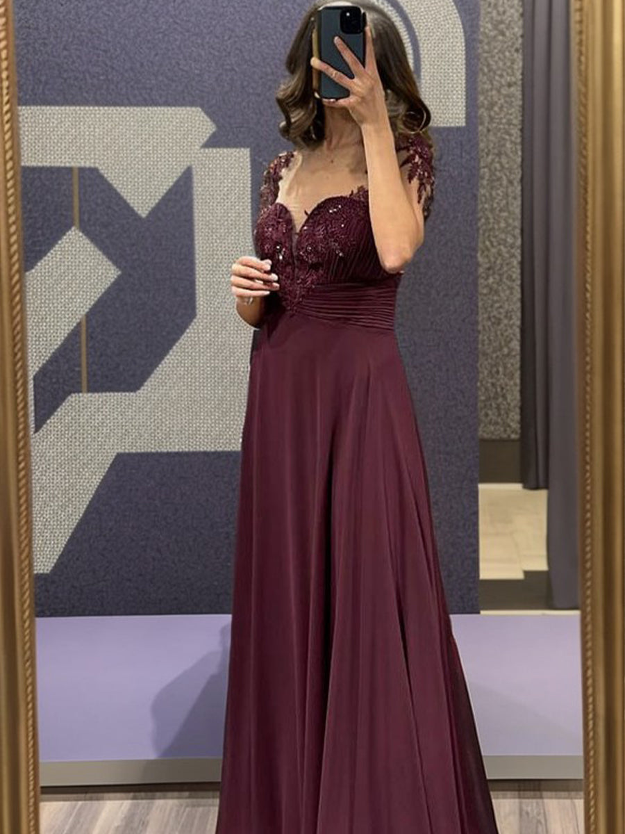 A-line Sweetheart Short Sleeves Appliques Lace Floor-Length Chiffon Mother of the Bride Dress