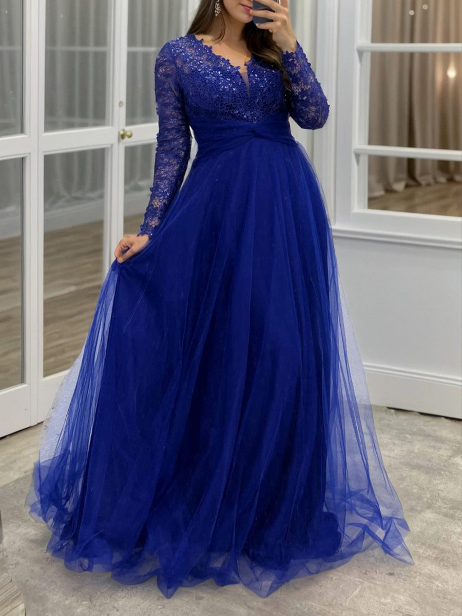 A-line V-neck Long Sleeves Appliques Lace Floor-Length Tulle Mother of the Bride Dress