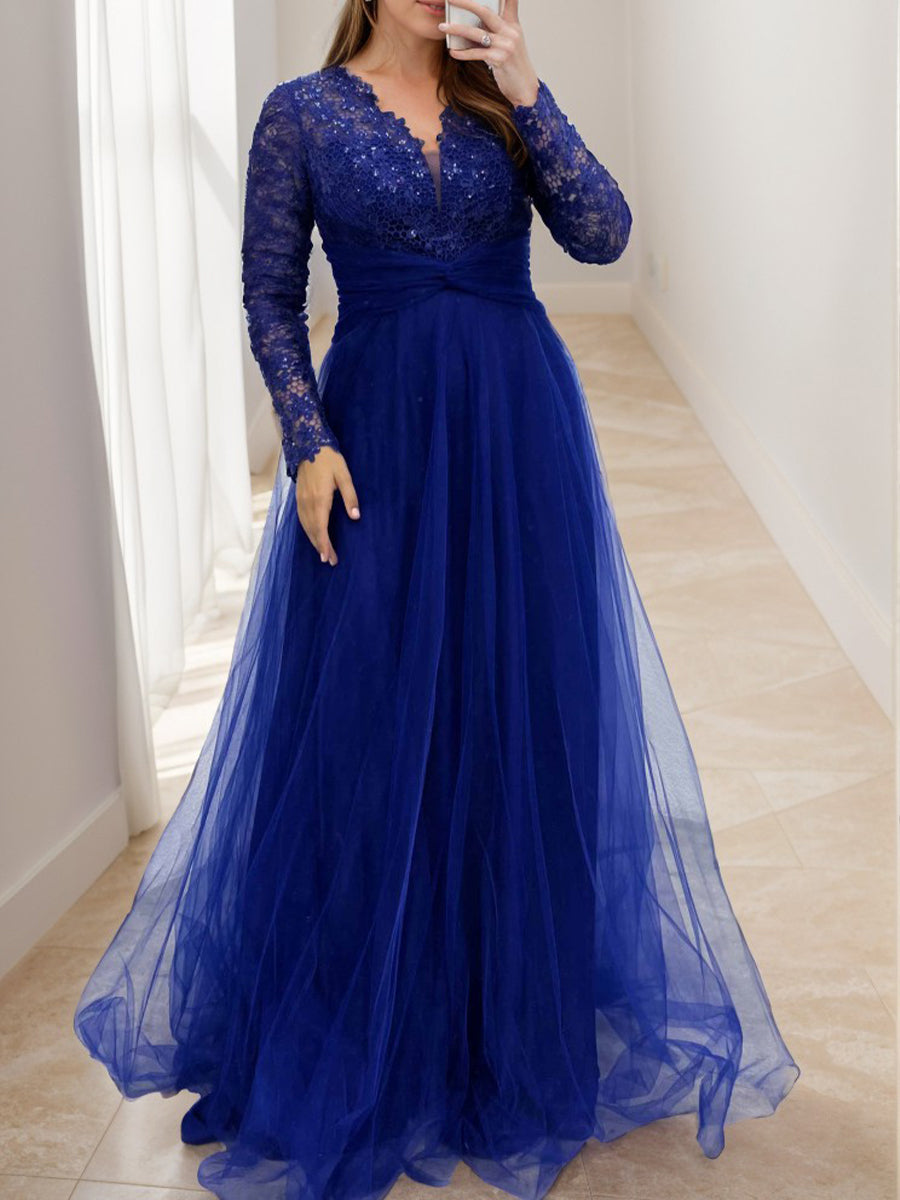 A-line V-neck Long Sleeves Appliques Lace Floor-Length Tulle Mother of the Bride Dress