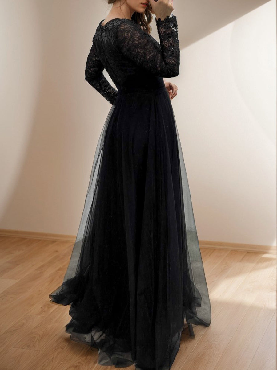 A-line V-neck Long Sleeves Appliques Lace Floor-Length Tulle Mother of the Bride Dress