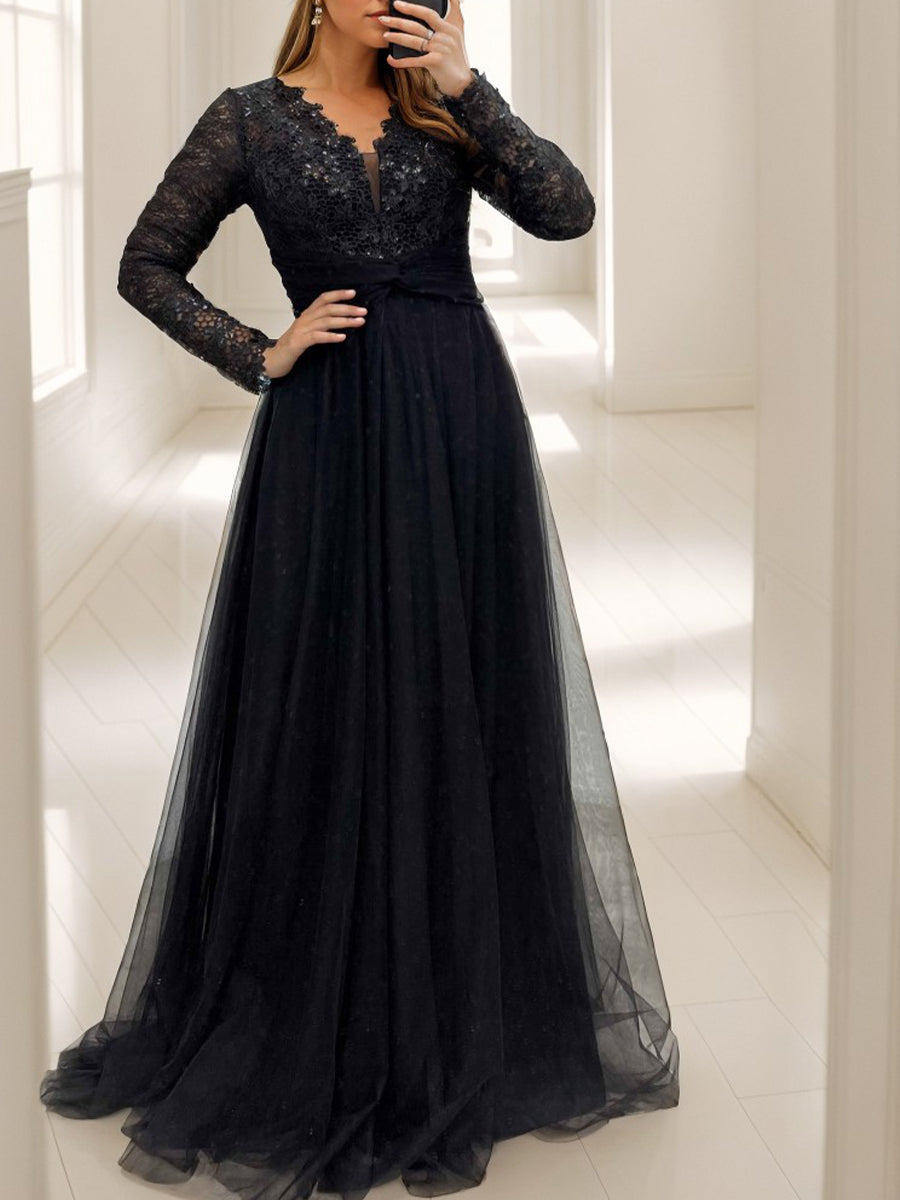A-line V-neck Long Sleeves Appliques Lace Floor-Length Tulle Mother of the Bride Dress