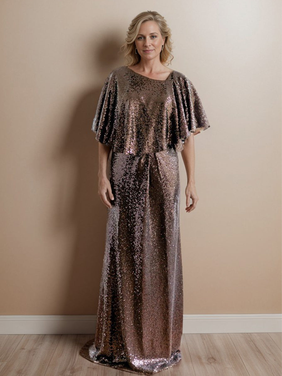 Sheath Scoop Short Sleeves Floor-Length Sequins Mother of the Bride Dress