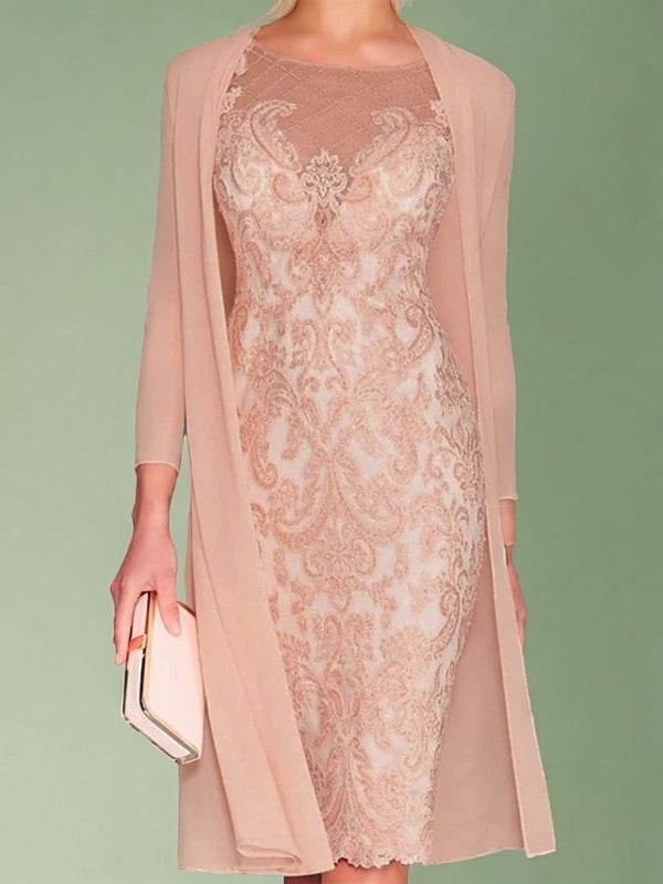 Sheath Scoop 3/4 Sleeves Appliques Lace Knee-Length Chiffon Mother of the Bride Dress