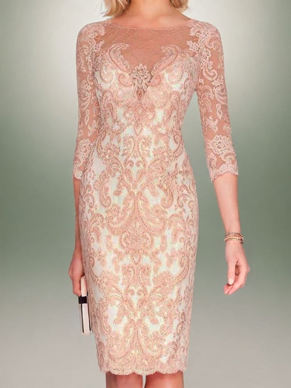 Sheath Scoop 3/4 Sleeves Appliques Lace Knee-Length Chiffon Mother of the Bride Dress