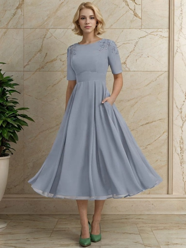A-line Scoop Short Sleeves Appliques Lace Tea-Length Chiffon Mother of the Bride Dress