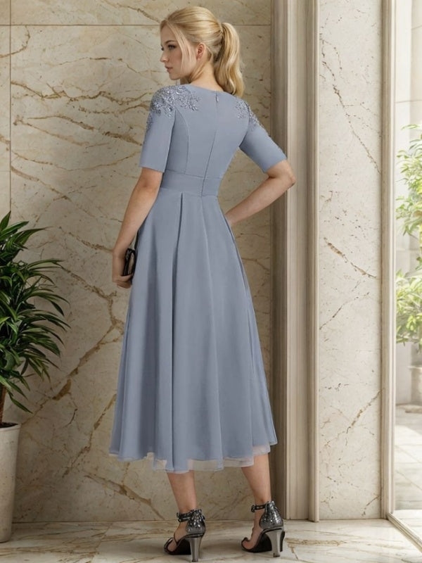 A-line Scoop Short Sleeves Appliques Lace Tea-Length Chiffon Mother of the Bride Dress