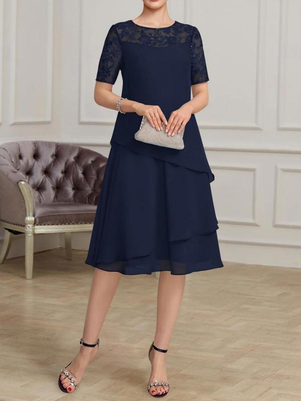 A-line Mother of the Bride Dress Navy Blue Scoop Appliques Lace Tea-Length Chiffon