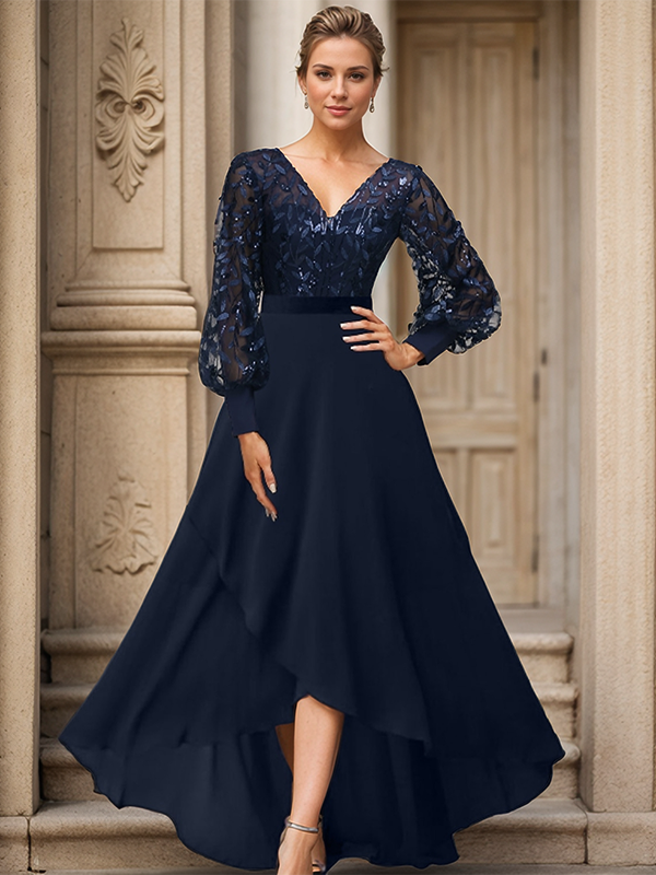 A-line V-neck Long Sleeves Ruffles Asymmetrical Chiffon Mother of the Bride Dress