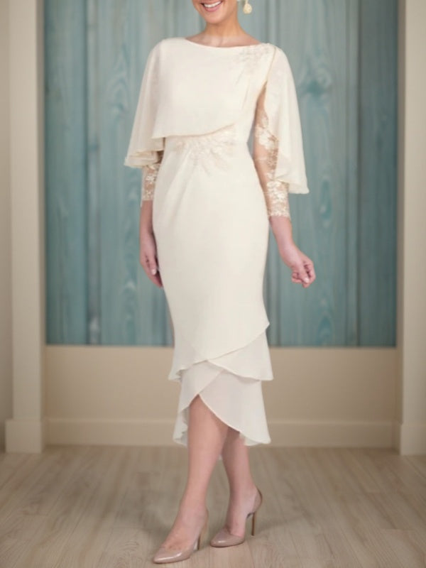 Sheath Bateau 3/4 Sleeves Ruffles Tea-Length Chiffon Mother of the Bride Dress
