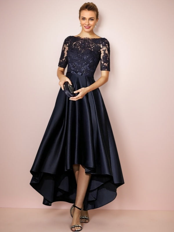 mother of the groom ankle length dresses Bride Dress Dark Navy A-line Bateau Appliques Lace Ankle-Length Satin 3/4 sleeves Proof That 90s Luxe Kid Size:4-5(3-4years) croco