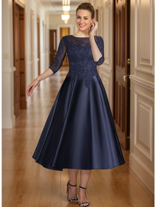 A-line Scoop 1/2 Sleeves Appliques Lace Tea-Length Satin Mother of the Bride Dress