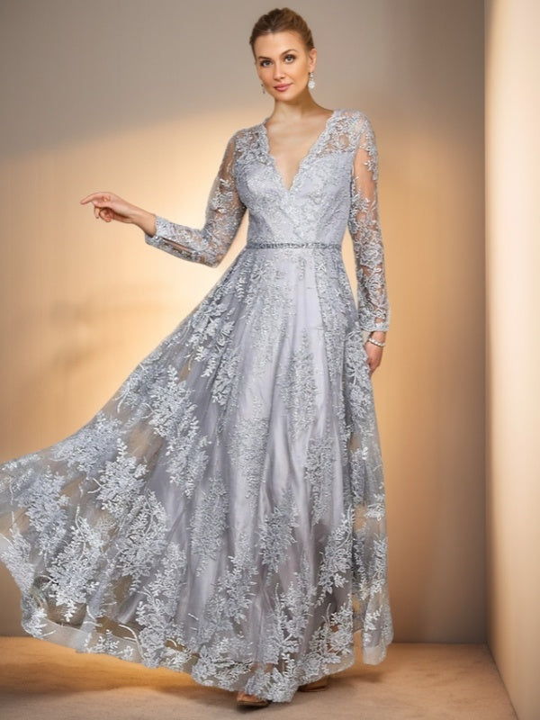 A-line V-neck Long Sleeves Ruffles Floor-Length Lace Mother of the Bride Dress