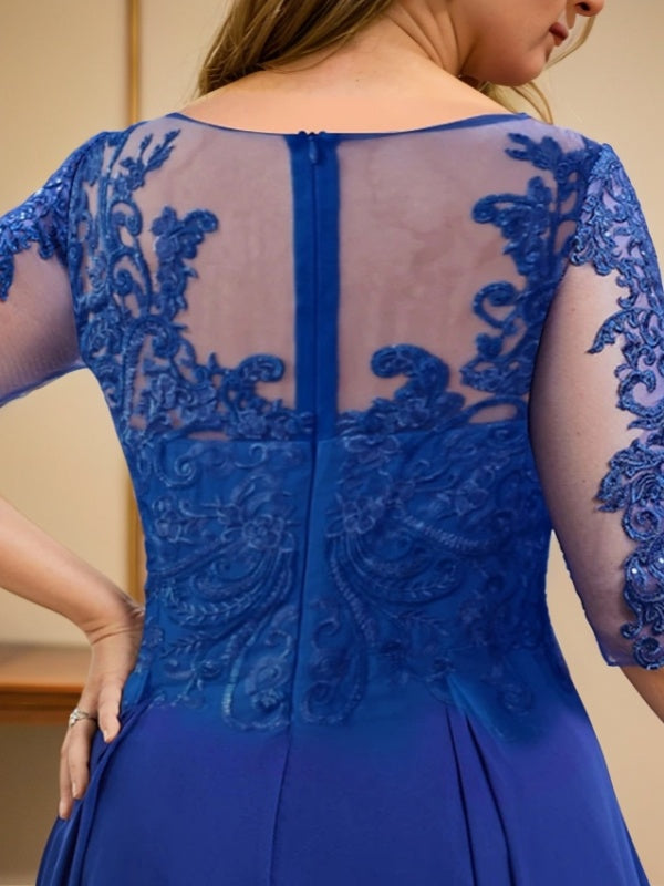 A-line Bateau 1/2 Sleeves Appliques Lace Tea-Length Chiffon Mother of the Bride Dress