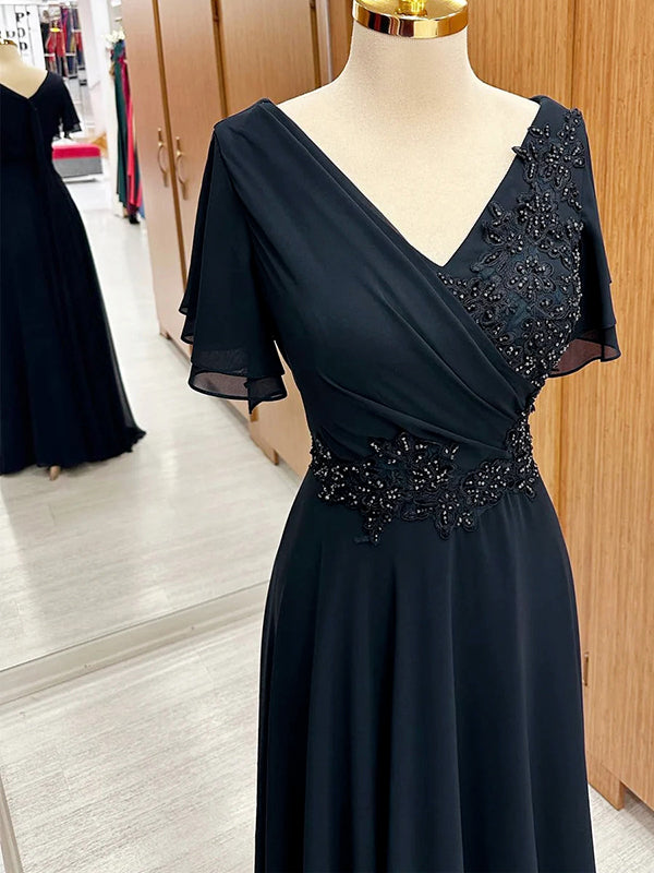 A-line V-neck Short Sleeves Appliques Lace Floor-Length Chiffon Mother of the Bride Dress