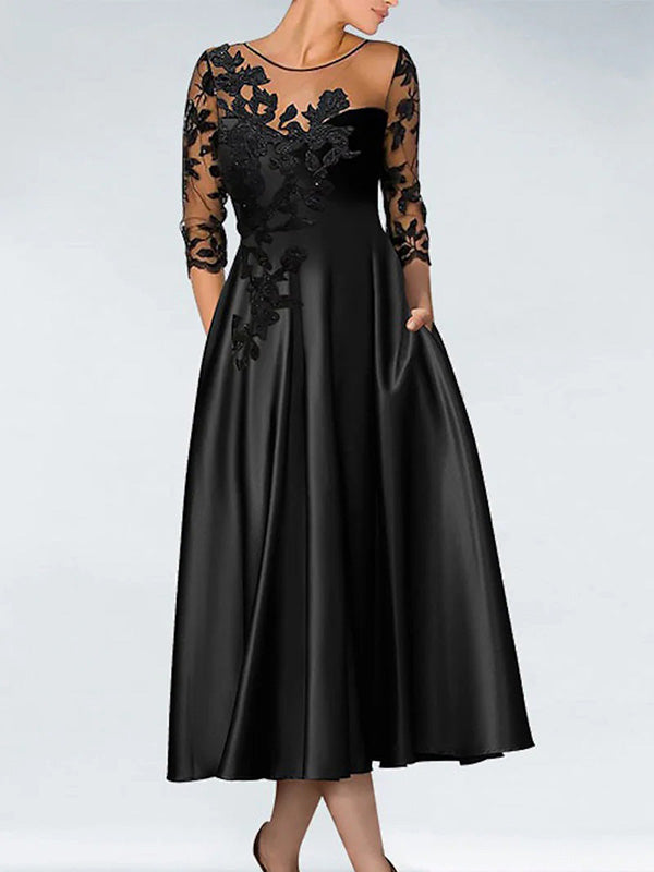A-line Scoop 3/4 Sleeves Appliques Lace Tea-Length Silk Like Satin Mother of the Bride Dress