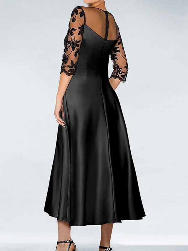 A-line Scoop 3/4 Sleeves Appliques Lace Tea-Length Silk Like Satin Mother of the Bride Dress