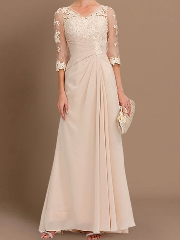 A-line V-neck 3/4 Sleeves Appliques Lace Floor-Length Chiffon Corset Mother of the Bride Dress