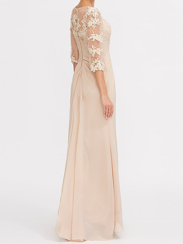 A-line V-neck 3/4 Sleeves Appliques Lace Floor-Length Chiffon Corset Mother of the Bride Dress