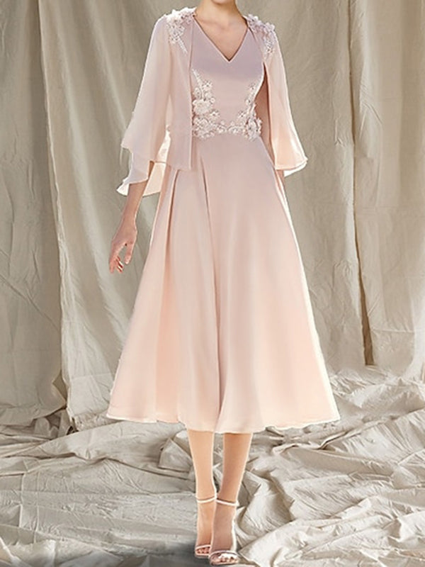 A-line V-neck 3/4 Sleeves Appliques Lace Tea-Length Chiffon Mother of the Bride Dress