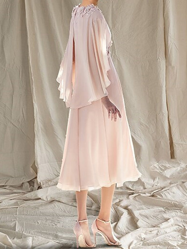 A-line V-neck 3/4 Sleeves Appliques Lace Tea-Length Chiffon Mother of the Bride Dress