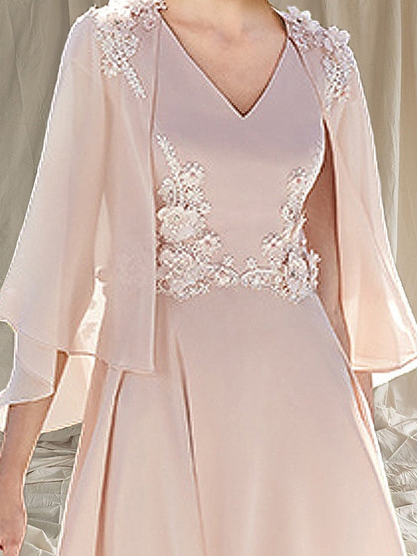 A-line V-neck 3/4 Sleeves Appliques Lace Tea-Length Chiffon Mother of the Bride Dress