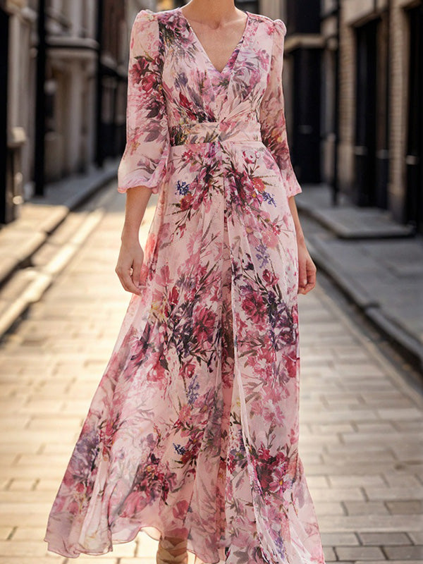 A-line V-neck 3/4 Sleeves Ruffles Ankle-Length Mother of the Bride Dress