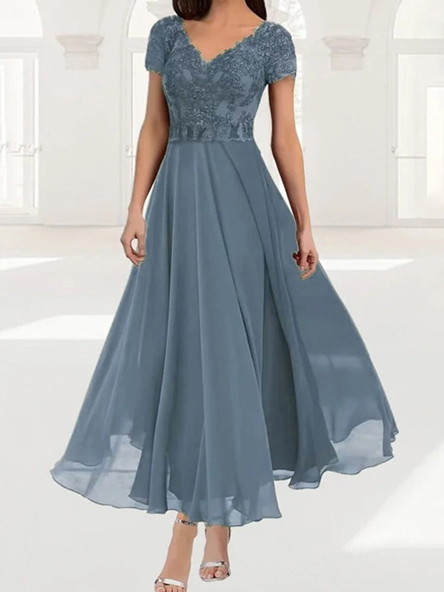 A-line V-neck Short Sleeves Appliques Lace Ankle-Length Chiffon Corset Mother of the Bride Dress