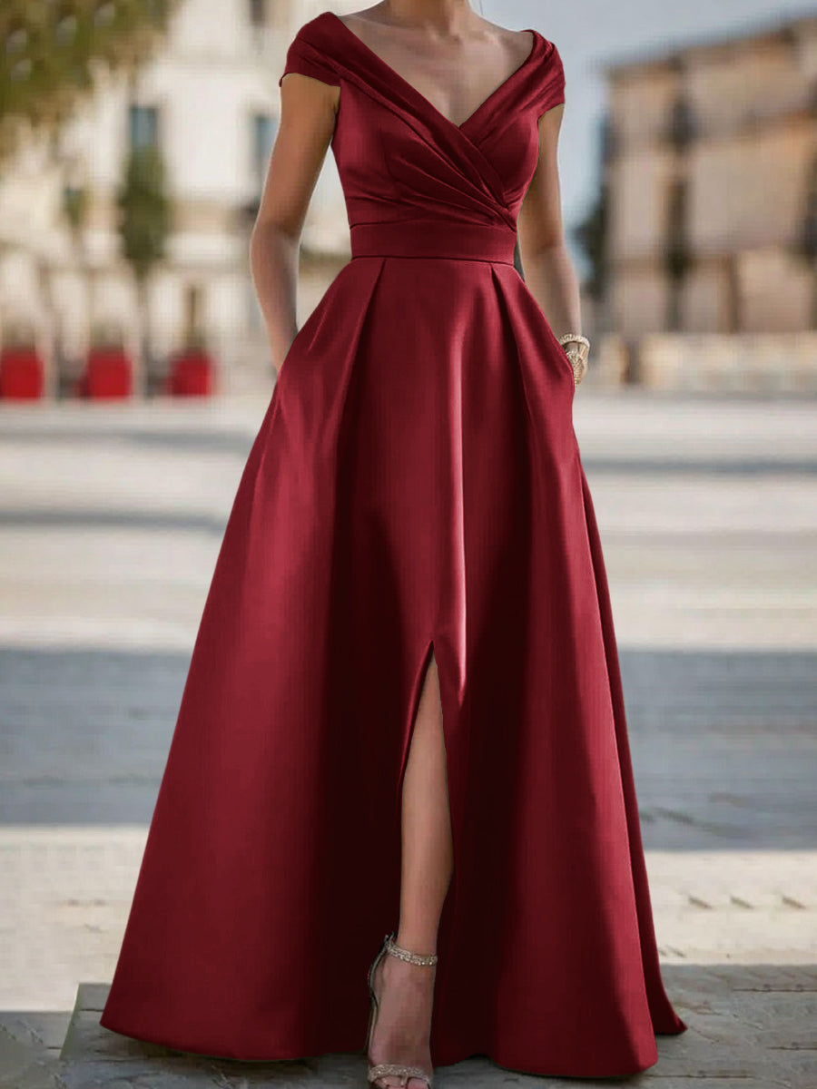 A-line V-neck Pleated Floor-Length Satin Corset Mother of the Bride Dress