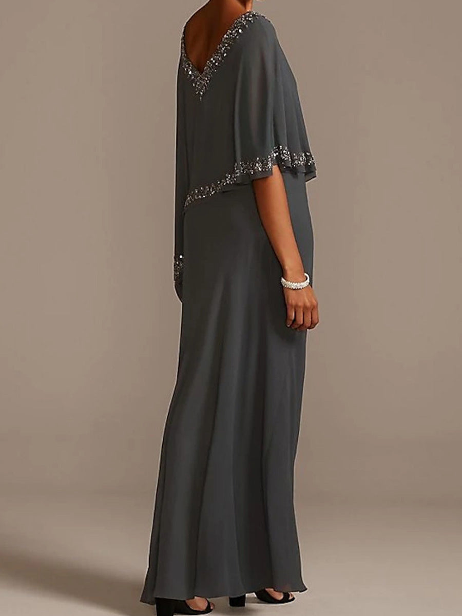 Sheath V-neck 1/2 Sleeves Ruffles Floor-Length Chiffon Mother of the Bride Dress