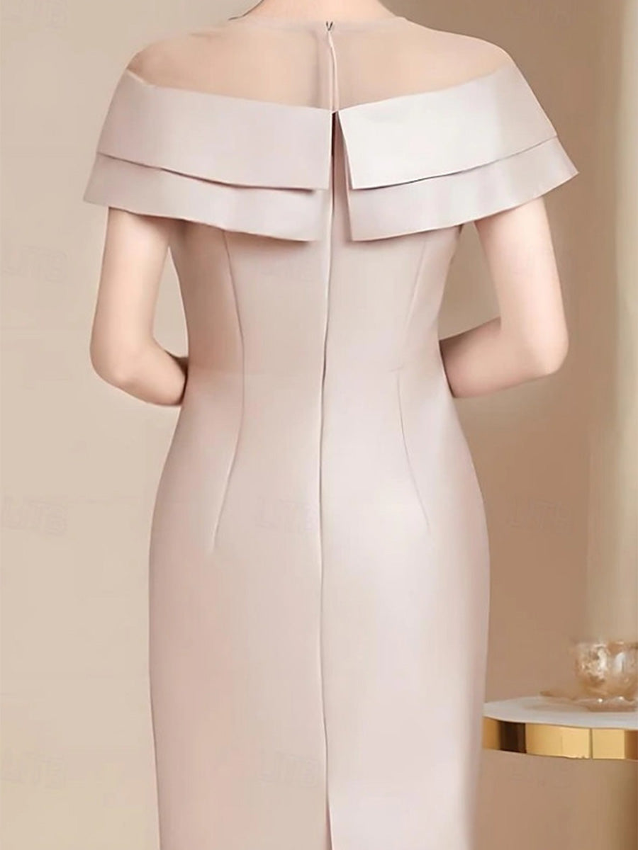 Sheath Scoop Short Sleeves Pleated Tea-Length Satin Corset Mother of the Bride Dress