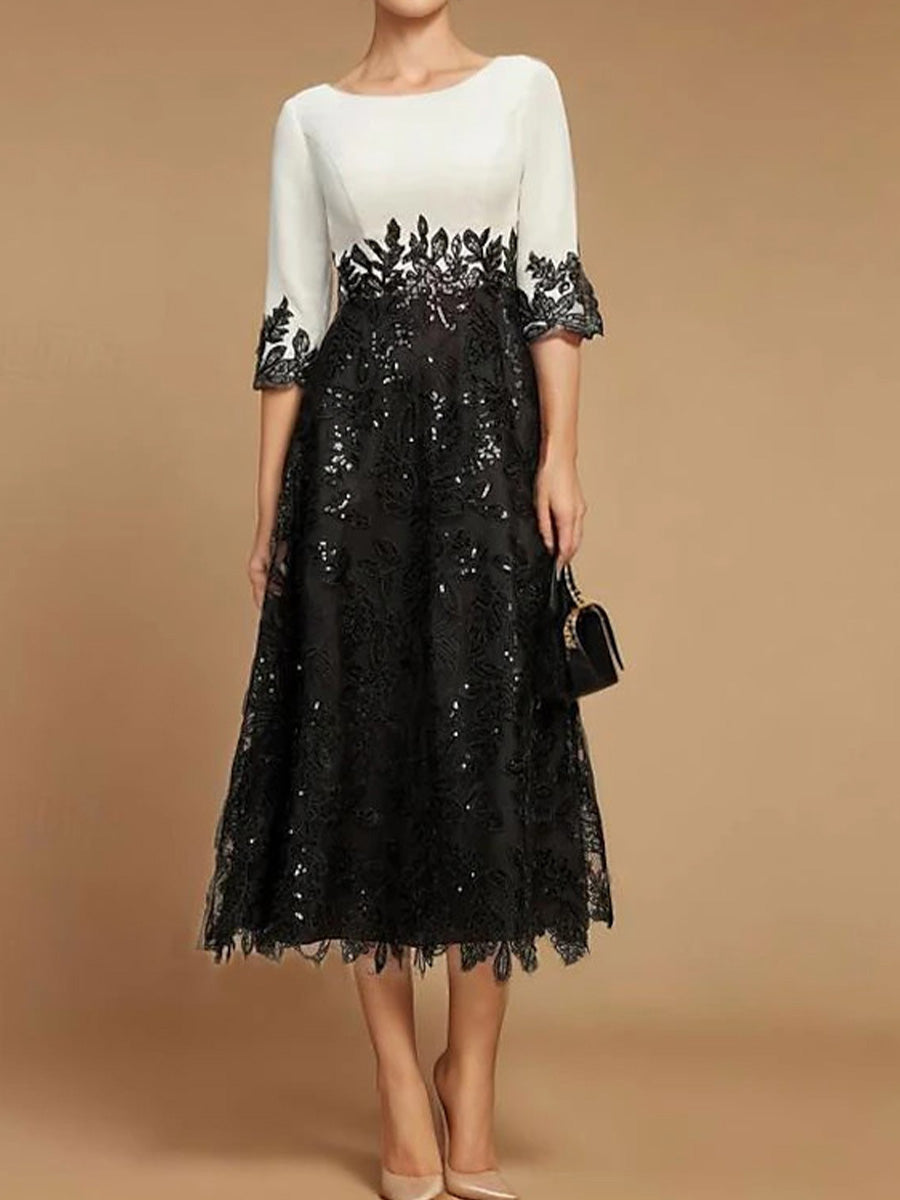 A-line Bateau 1/2 Sleeves Appliques Lace Tea-Length Satin Mother of the Bride Dress