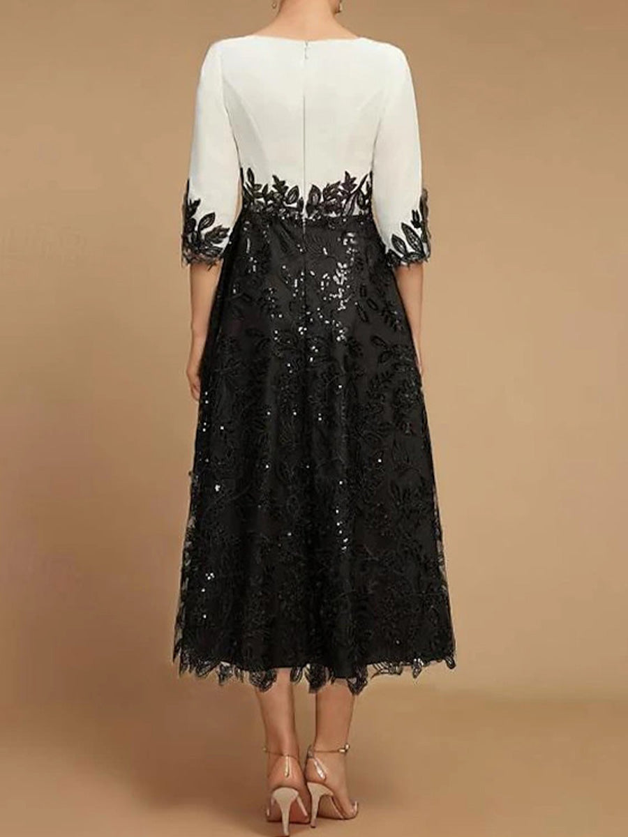 A-line Bateau 1/2 Sleeves Appliques Lace Tea-Length Satin Mother of the Bride Dress
