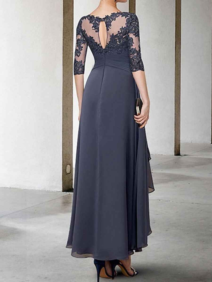 A-line Bateau 1/2 Sleeves Appliques Lace Ankle-Length Chiffon Corset Mother of the Bride Dress