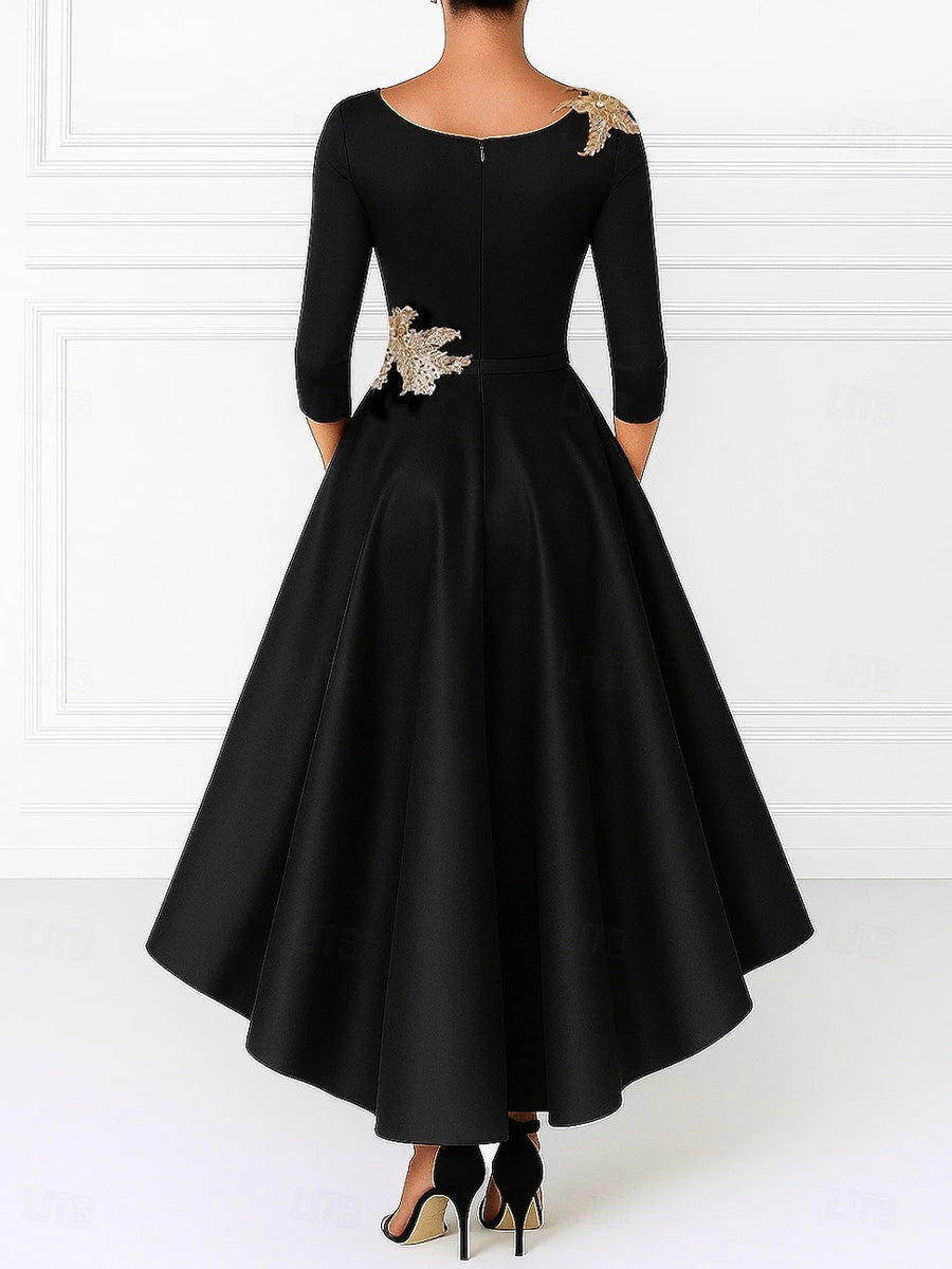 A-line V-neck 3/4 Sleeves Appliques Lace Asymmetrical Satin Corset Mother of the Bride Dress