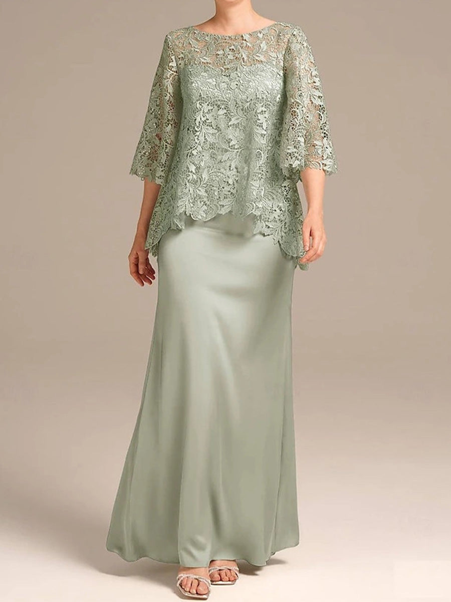 Sheath Bateau 3/4 Sleeves Appliques Lace Floor-Length Satin Chiffon Corset Mother of the Bride Dress
