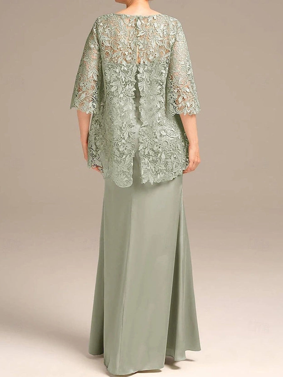 Sheath Bateau 3/4 Sleeves Appliques Lace Floor-Length Satin Chiffon Corset Mother of the Bride Dress