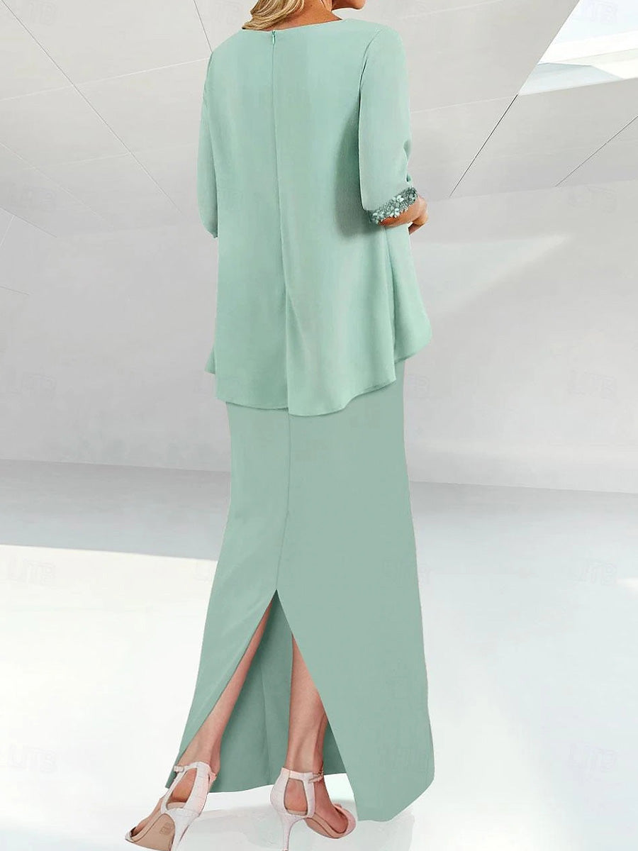 Sheath Scoop 1/2 Sleeves Pleated Ankle-Length Chiffon Mother of the Bride Dress