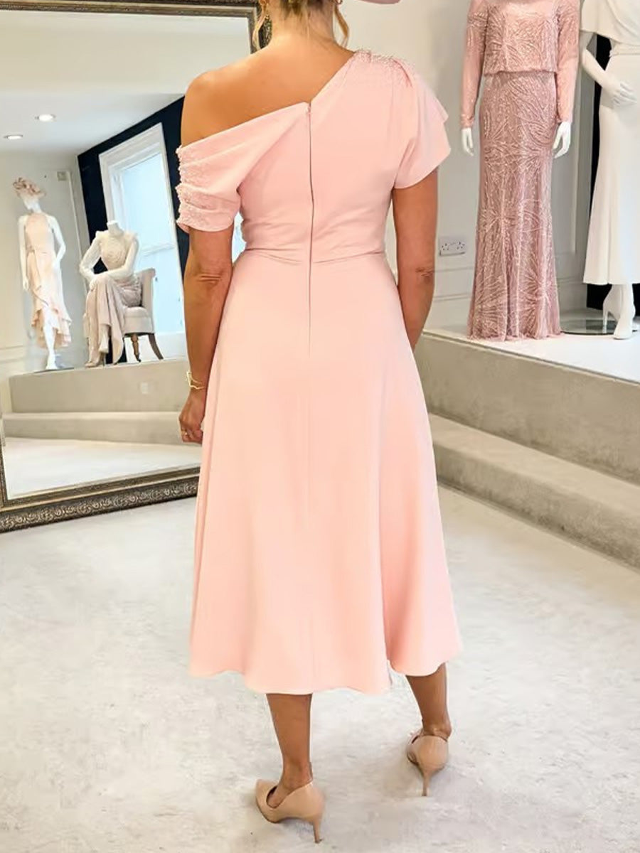 A-line One-Shoulder Short Sleeves Ruffles Tea-Length Charmeuse Mother of the Bride Dress