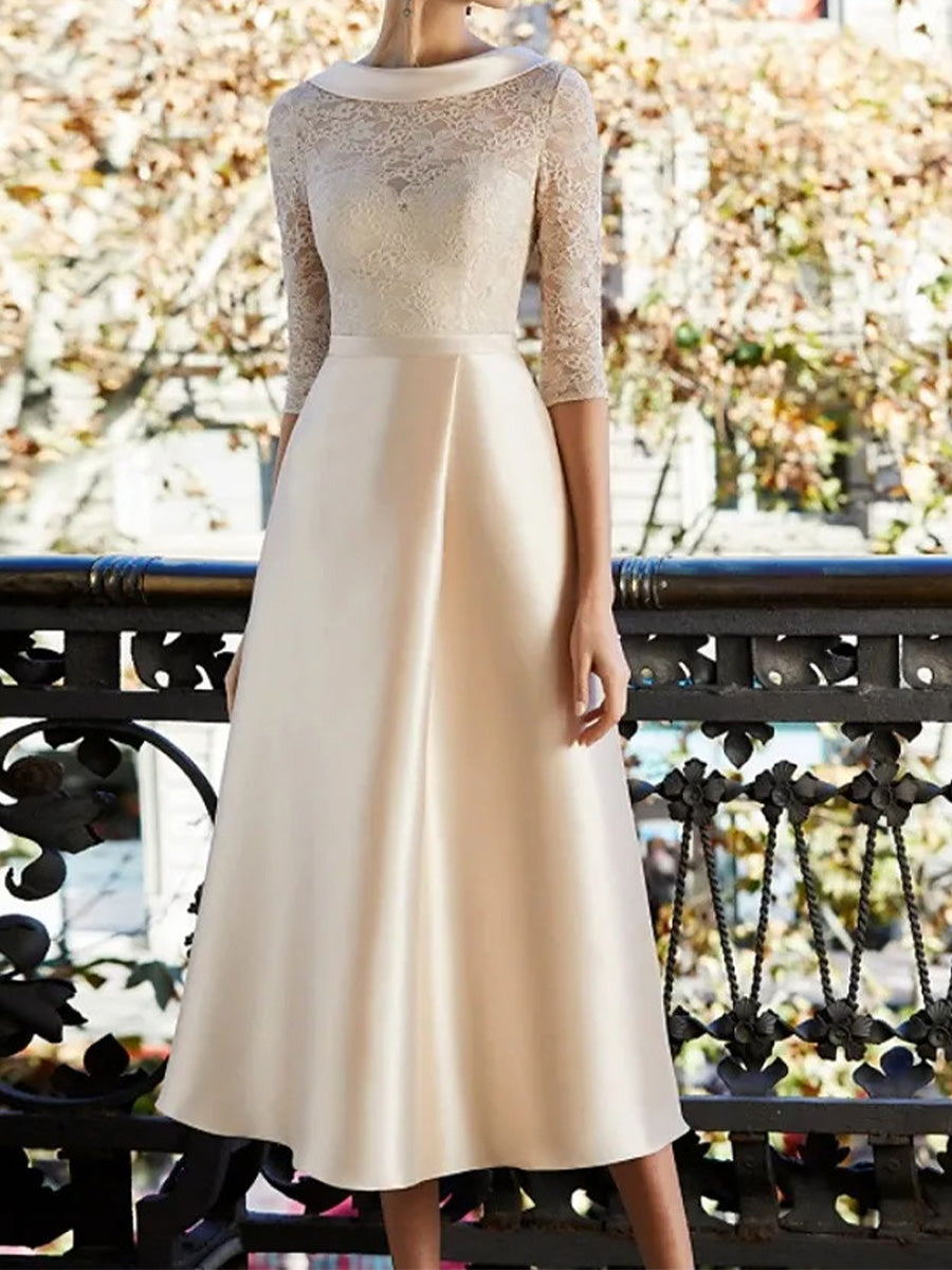 A-line Scoop 3/4 Sleeves Appliques Lace Tea-Length Satin Corset Mother of the Bride Dress