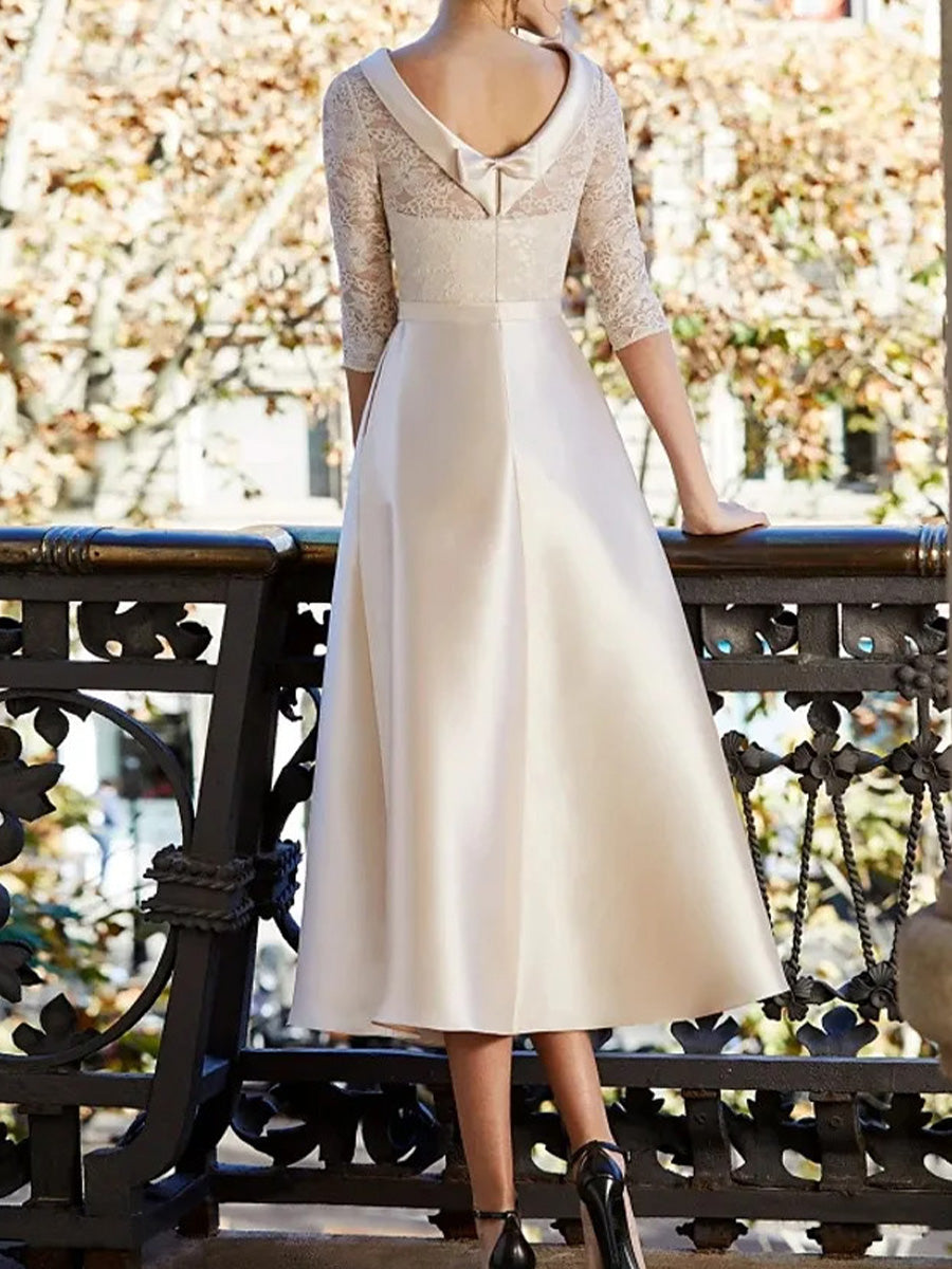 A-line Scoop 3/4 Sleeves Appliques Lace Tea-Length Satin Corset Mother of the Bride Dress