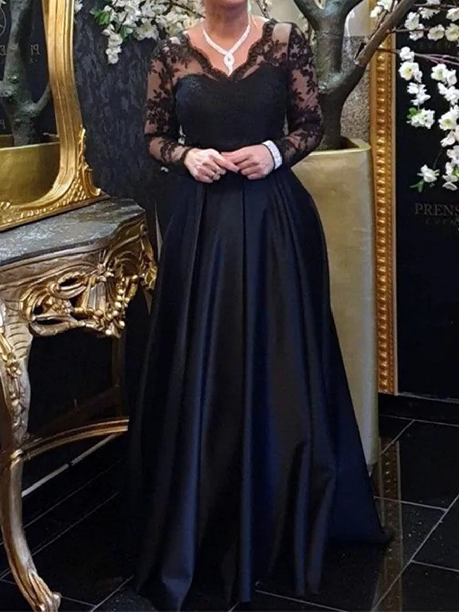A-line Mother of the Bride Dress V-neck Appliques Lace Floor-Length Satin Corset