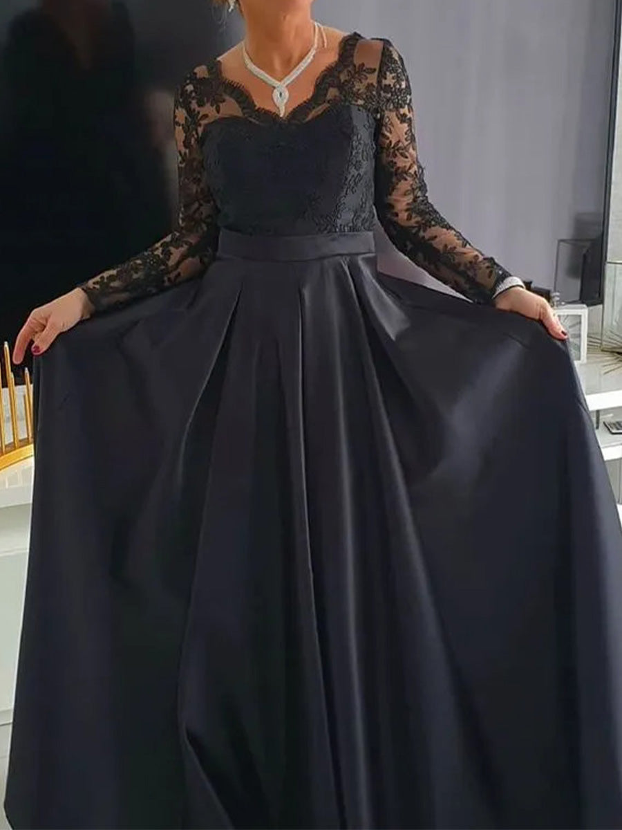 A-line V-neck Long Sleeves Appliques Lace Floor-Length Satin Corset Mother of the Bride Dress