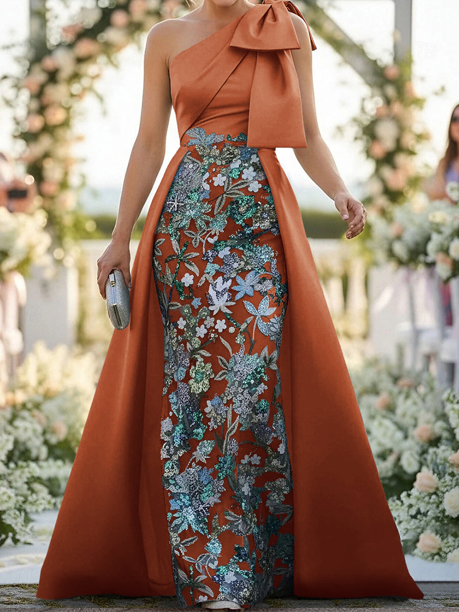 A-line One-Shoulder Bow Floor-Length Satin Corset Mother of the Bride Dress