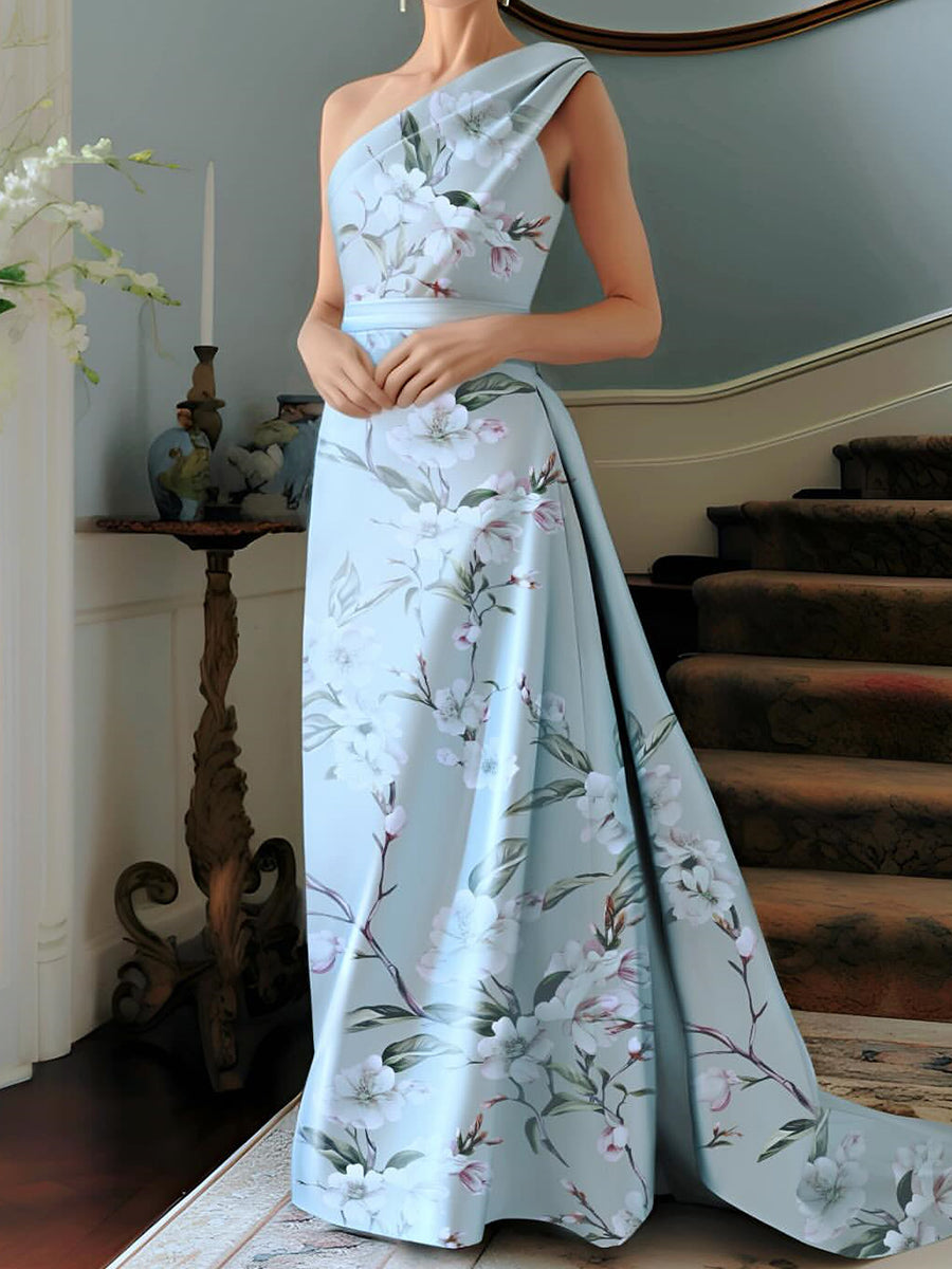 A-line One-Shoulder Pleated Floor-Length Corset Mother of the Bride Dress