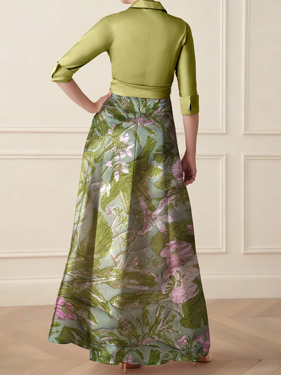 A-line High Neck 1/2 Sleeves Bow Floor-Length Corset Mother of the Bride Dress