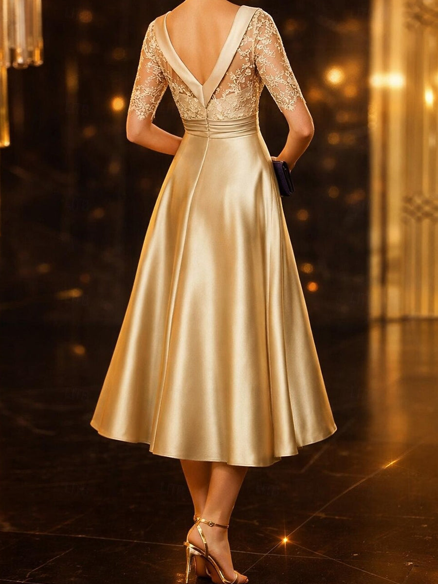 A-line Bateau 1/2 Sleeves Appliques Lace Tea-Length Satin Corset Mother of the Bride Dress
