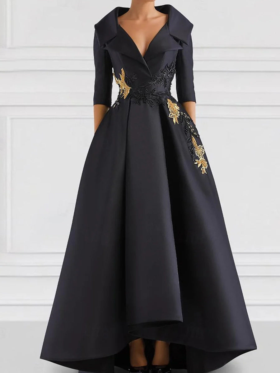 A-line V-neck 1/2 Sleeves Appliques Lace Asymmetrical Satin Corset Mother of the Bride Dress