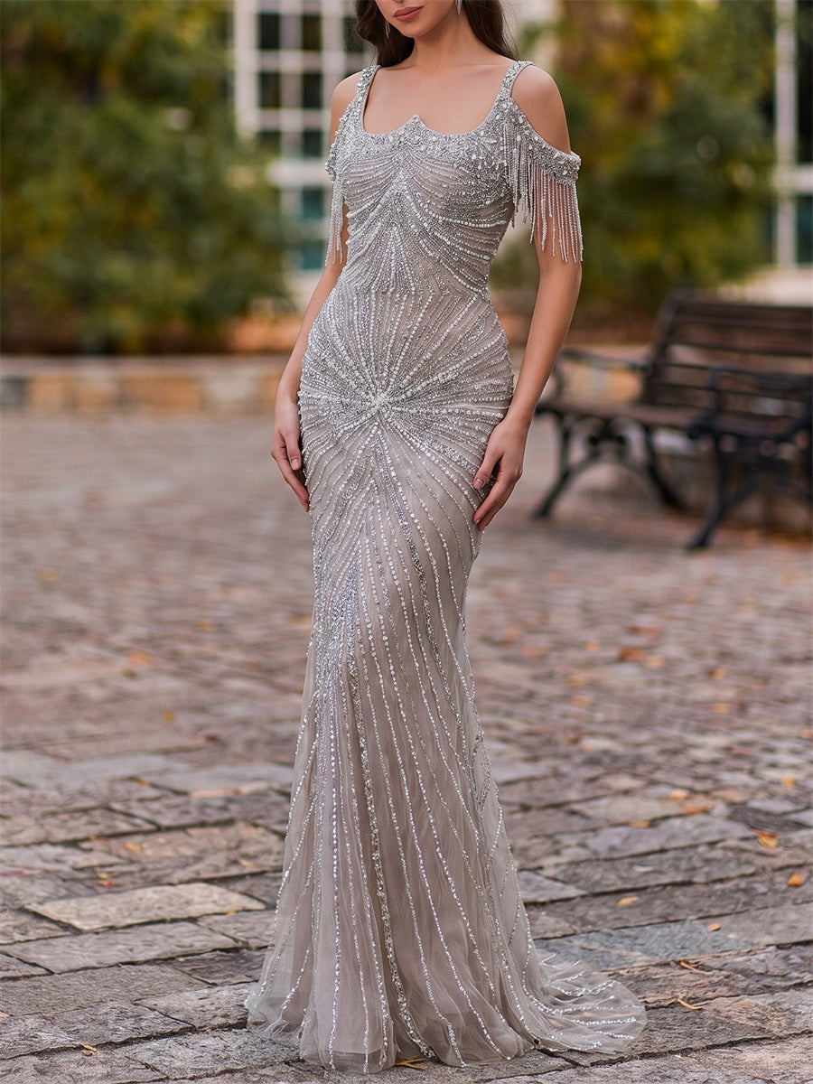 Sheath/Column Cold Shoulder Rhinestone Sweep Train Tulle Mother of the Bride Dresses