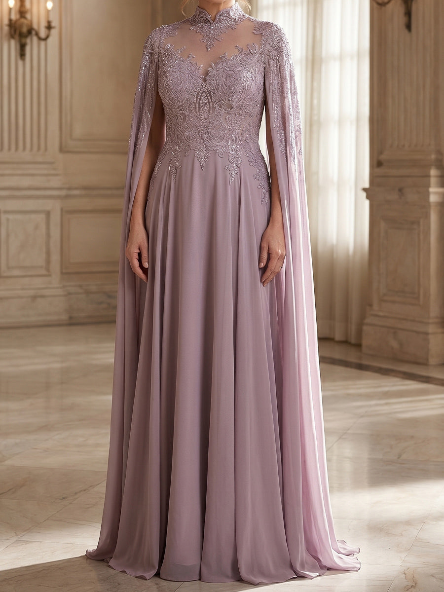 A-line/Princess Illusion Appliques Lace Floor-Length Chiffon Mother of the Bride Dresses