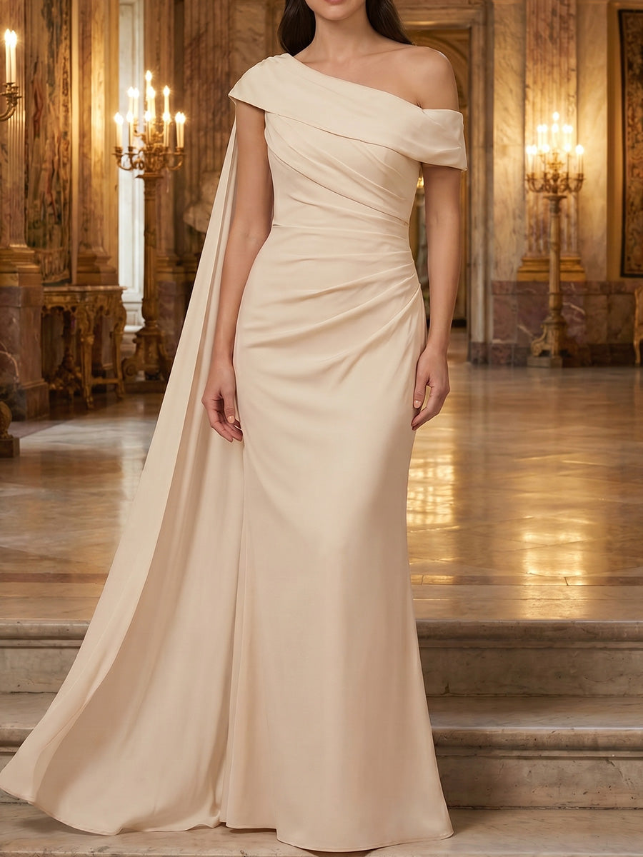 Sheath/Column One-Shoulder Short Sleeves Pleated Floor-Length Stretch Crepe Mother of the Bride Dresses